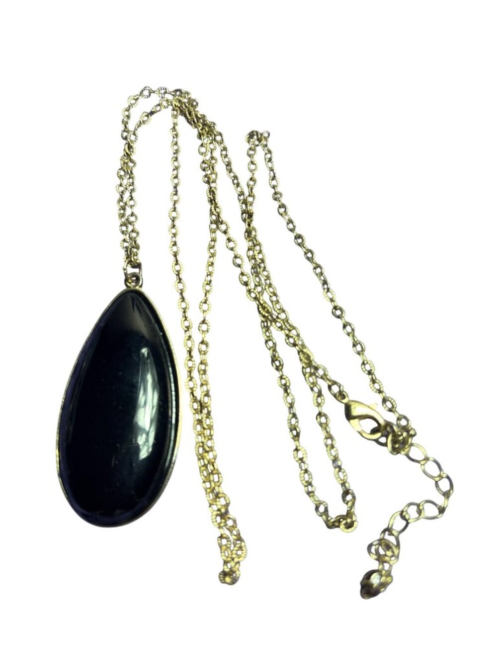Vintage 90s Black Cabochon Teardrop Pendant Necklace Goldtone Textured Chain